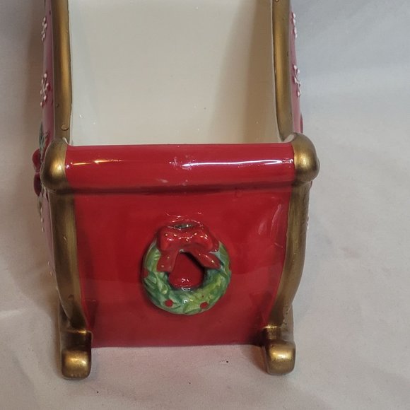 Fitz and Floyd Festive Bells Sleigh Ceramic Red Gold 7 x 5 x 4 Inches - Picture 3 of 11